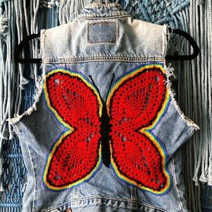Hand Embroidered Rainbow Butterfly Levi Denim Vest